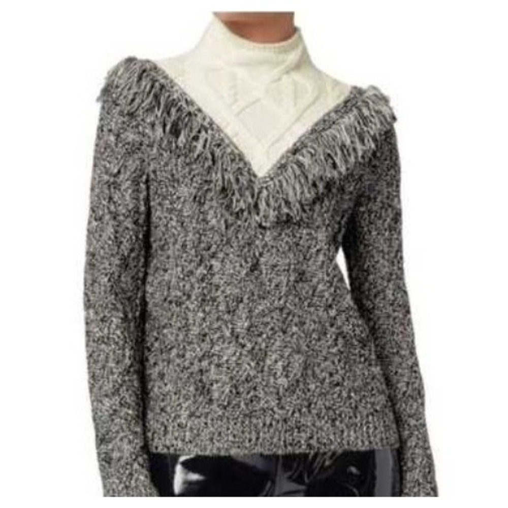 INTERMIX Cable Knit Sweater Mock Neck Black Cream Wool Fringe Textured Womens M